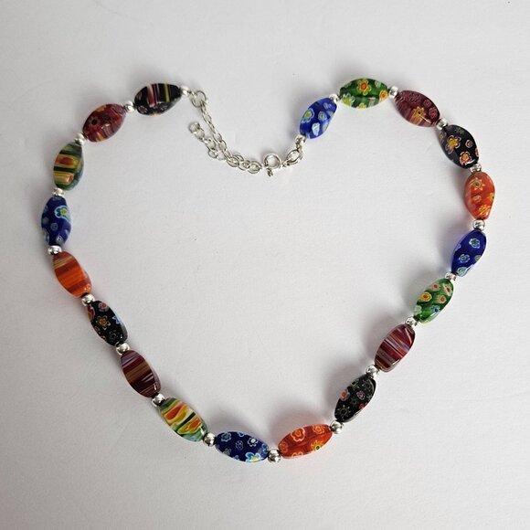 Millefiori Style Art Glass Bead Necklace Venetian Style Murano Inspired 14-16" - Picture 8 of 11